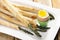 Food: Asparagus wrapped in thin puff pastry with soft boiled egg