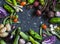 Food background. Assortment of fresh garden vegetables. Top view