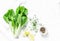 Food background with cabbage bok choi, lemon, pepper and free space for text. White background