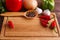 Food background with chopping board, spices and vegetables. Free