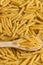 Food background - dry penne pasta and wooden spoon, whole wheat food ingredient