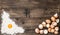 Food background Flour eggs wooden kitchen table