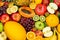 Food background fruits collection apples berries kiwi oranges fruit