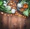Food background with organic local vegetables for healthy clean eating and cooking on rustic wooden , top view, place for text.