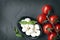 Food Background Slate with Baby Mozzarella Balls Vine Tomatoes a