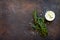 Food background. Thyme and salt on a dark stone table. Copy space, top view flat lay background