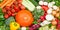 Food background vegetables collection banner tomatoes carrots potatoes bell pepper vegetable