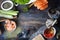 Food background, a wooden table, top, sushi, rolls, cucumbers, Chuka, shrimp, salmon,
