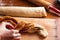 Food bakery concept making bread dought for Cinnamon Roll Braided Bread with copy space