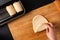 Food Baking concept Making organic homemade soft milk loaf bread in loaf pan on wooden board with copy space