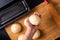 Food Baking concept Making organic homemade soft milk loaf bread in loaf pan on wooden board with copy space