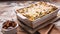 Food banner baked vegetable lasagna with green beans and cheese in a ceramic bowl. Healthy vegetarian food