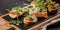 Food banner. Bruschettas and canapes with turkey pate and microgreens on a cutting board. Traditional Mediterranean cuisine.