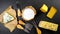 Food banner, cheese with blue mildew, Camembert or brie cheese circle, Cheese Serving Knife on shale board. top view. copy space