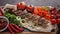 Food banner. Chicken shush kebab. Zucchini, green peppers, tomatoes, grilled potatoes and mushrooms, various herbs, tomato sauce