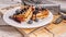 Food banner. Close-up viennese waffles with blueberries and jam. Sweet dessert. Homemade baking