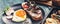 Food banner Delicious homemade breakfast. Fried Eggs, sandwich, cheese, vegetables, mushrooms, bread and herbs