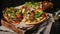 Food banner. Delicious pizza with vegetables, mozzarella, olives and herbs on a cutting board on a dark background. Mediterranean