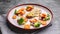 Food banner. Fillet of sea bass with vegetables. Baked fish, cauliflower and carrots on a big plate. Gray background