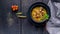 Food banner: Homemade pea soup with chicken, vegetables, parsley and spices. Top view