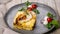 Food banner. Omelet with fish fillet. Baked pangasius with spices and herbs. Mozzarella cheese, cherry tomatoes and arugula leaves