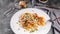Food banner. Spaghetti with meatballs with tomato sauce, herbs and parmesan. Italian pasta. Traditional Mediterranean Cuisine