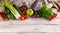 Food banner. Tasty and healthy vegetables and fruits on a light rustic background.Top view. Copy space