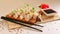 Food banner. Traditional Chinese gyoza dumplings with soy sauce. Oriental national cuisine