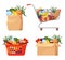Food basket. Grocery packaging, paper bag, cardboard box, shopping cart with foodstuff set.