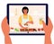 Food blogger is on laptop display. Culinary video broadcast or channel with cooking online class. Young woman preparing