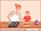 Food bloggers. Mother and son cooking, vlog about bake process. Family culinary, video tutorials vector illustration