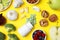 Food and bottle of prebiotic pills on yellow background, flat lay