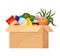 Food box grocery donation vector illustration. Cardboard container for carrying storage products