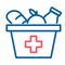 Food box with a red cross icon. Vector thin line illustration. Grocery provisions donation.