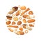 Food bread rye wheat whole grain bagel sliced french baguette croissant vector icons in circle