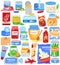 Food can packaging vector illustration set, cartoon flat canned food product collection with fruit jam jar, tin