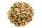 Food for canaries, parrots, finches, top view. Mixed seeds for bird feeding on white background. Food for exotic birds isolated on