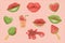 Food cartoon. Summer desserts. watermelon ice cream, ice cream slice, juicy lips, watermelon kiss