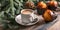 Food Christmas banner. Aromatic frothy coffee and vanilla muffins. Delicious cupcake. Rustic table and fir branches. Homemade