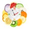 Food clock with sliced vegetables and fruits