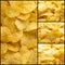 Food collage. Corrugated golden chips potato texture