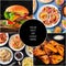 Food collage design template. Various tasty dishes, including a burger, nachos, pasta, and chicken wings