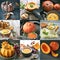 Food collage, nine images of tasty pumpkin soup and ingredients