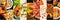 Food collage panorama, design template. Various tasty dishes, including a burger, a pizza, seafood pasta, beef steak. A restaurant