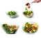 food collage. salad with salmon. salad preparation. action hand stirs salad.