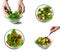 food collage. salad with salmon. step by step salad preparation. action hand stirs salad. food concept