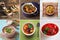 Food collage with a variety soup dishes