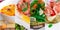 Food collage. Web design banner. Different delicious vegetable and fruit salad, meat, soup. Italian cuisine, prosciutto.
