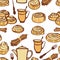 Food collection Afternoon tea with cinnamon buns Bakery spices Seamless pattern