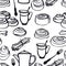 Food collection Afternoon tea with cinnamon buns Bakery spices Seamless pattern Black contour